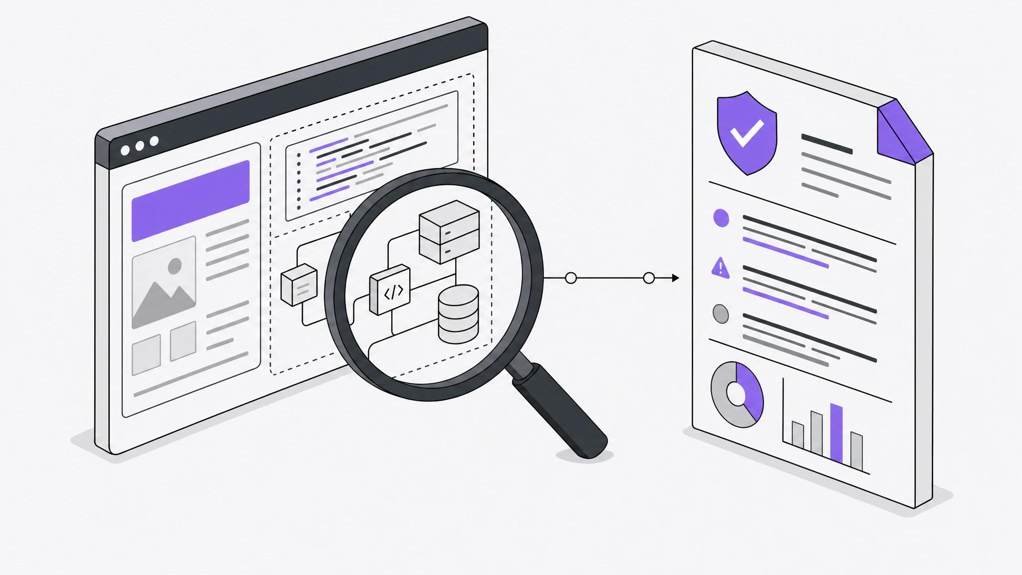 Schéma pentest web whitebox : accès complet aux internes de l'application (code, architecture) sous la loupe, débouchant sur un rapport détaillé.