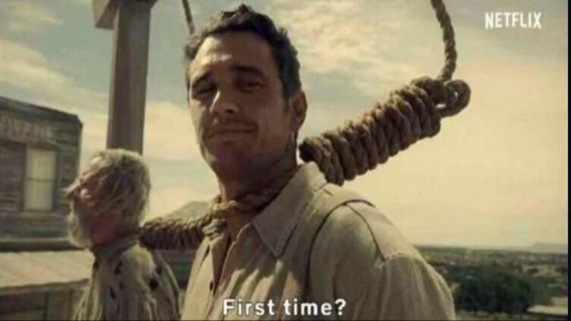 Personnage demandant 'first time ?' avec un sourire en coin