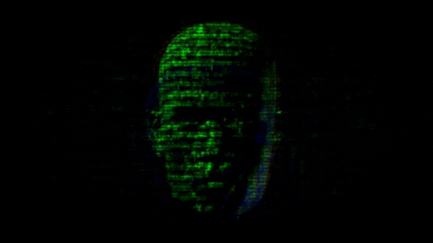 Visage formé de code vert défilant, façon matrix