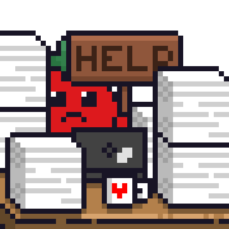 Personnage enseveli sous une pile de paperasse brandissant une pancarte HELP