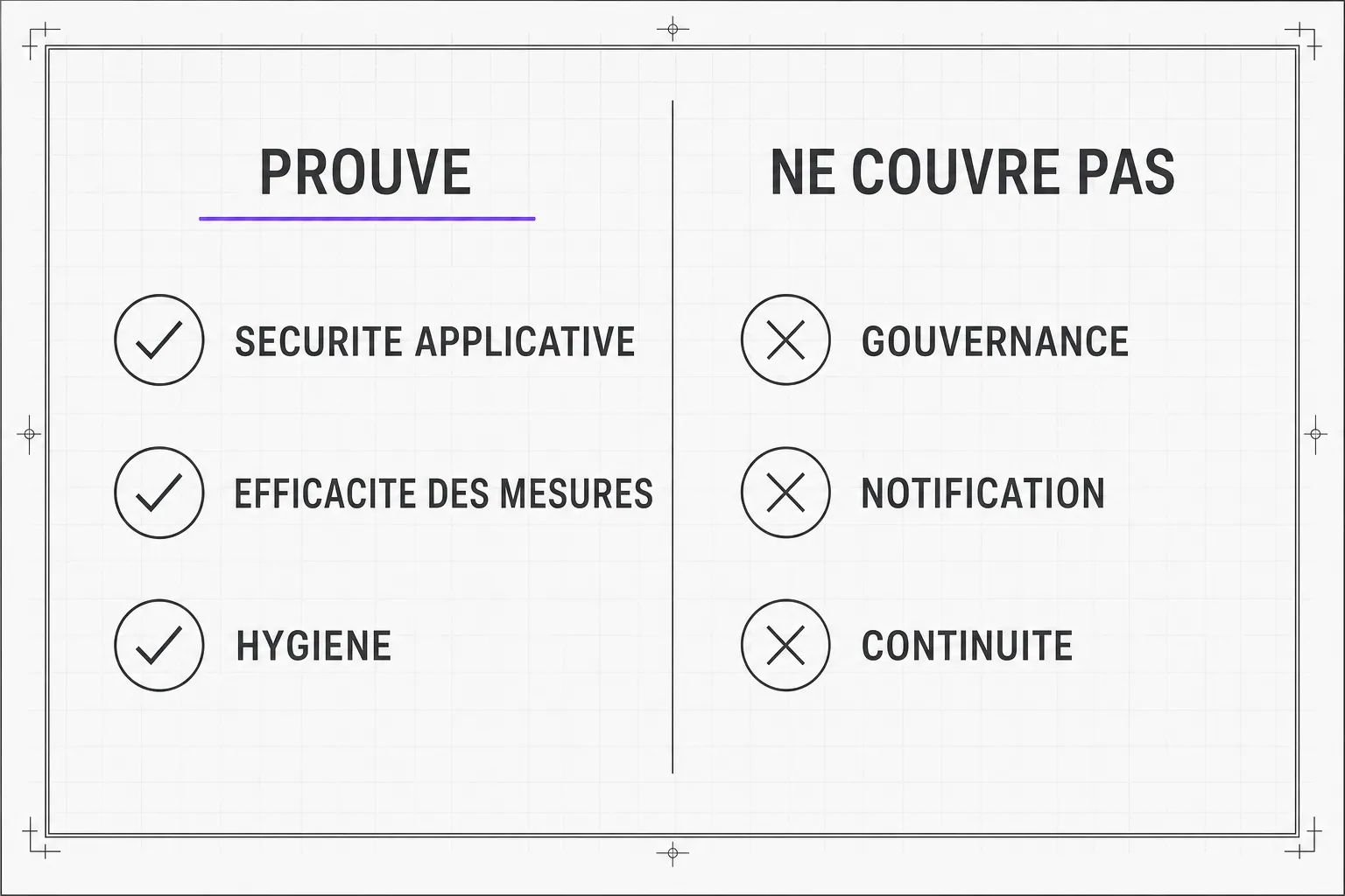 Comparaison en deux colonnes : mesures couvertes par le pentest cochées, mesures non couvertes barrées.