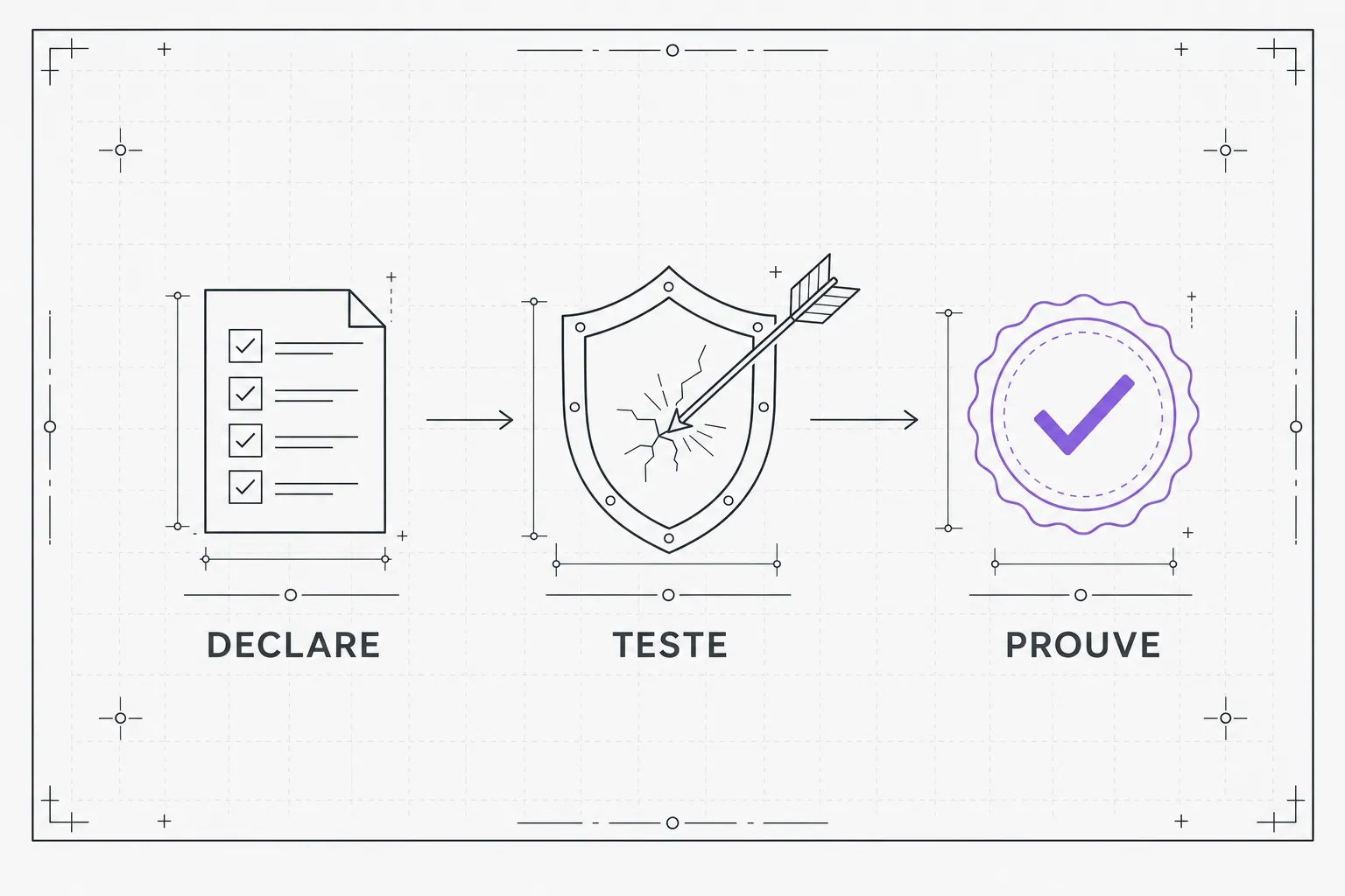 Trois étapes : une checklist déclarée, un bouclier frappé par une flèche (le test), puis un badge validé.