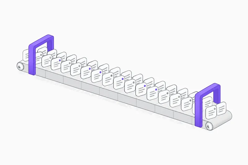 Un tapis roulant chargé de fichiers de code qui défilent en continu entre deux portiques de contrôle très éloignés l’un de l’autre.