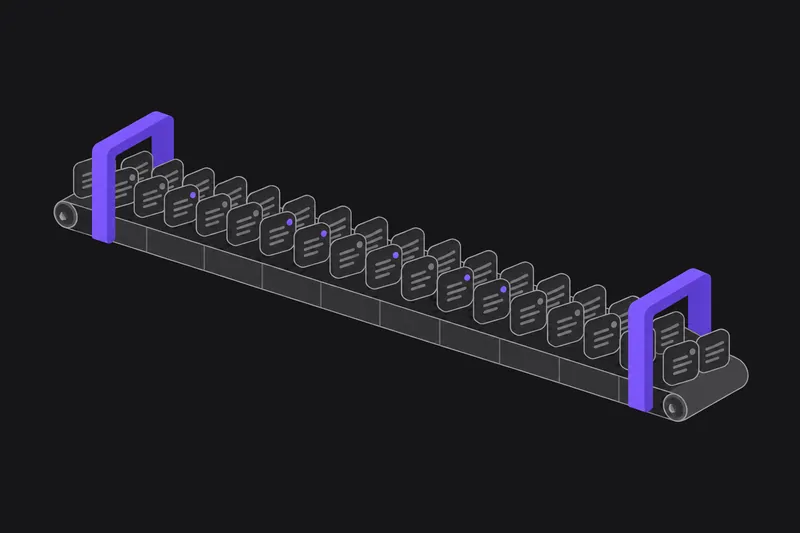 Un tapis roulant chargé de fichiers de code qui défilent en continu entre deux portiques de contrôle très éloignés l’un de l’autre.