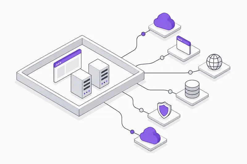 Un périmètre audité, fermé sur lui-même, d’où partent des liaisons vers des services cloud, une application, un domaine et une base de données restés hors du cadre.