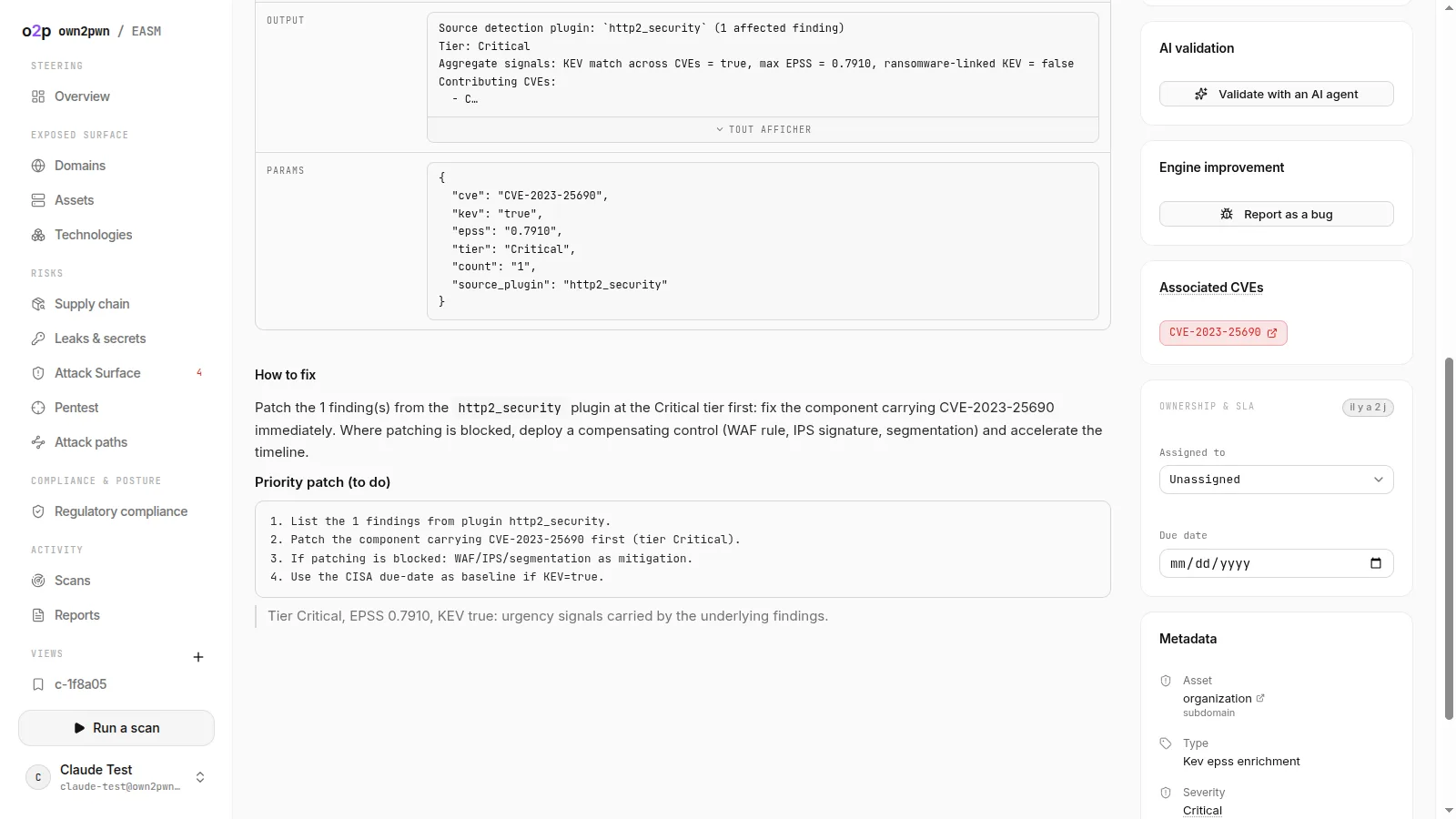 Finding detail with the Validate with an AI agent panel, Evidence output and parameters
