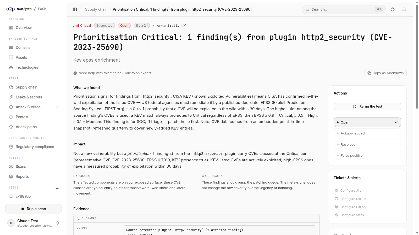 The prioritised finding (CVE, KEV and EPSS) on which AI validation can be triggered