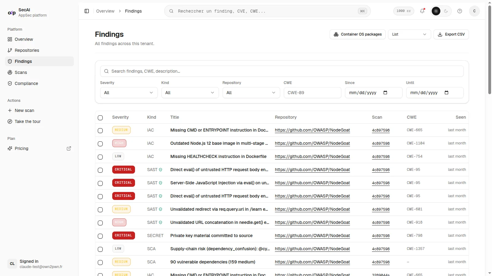 List of findings including dependency vulnerabilities detected by SCA