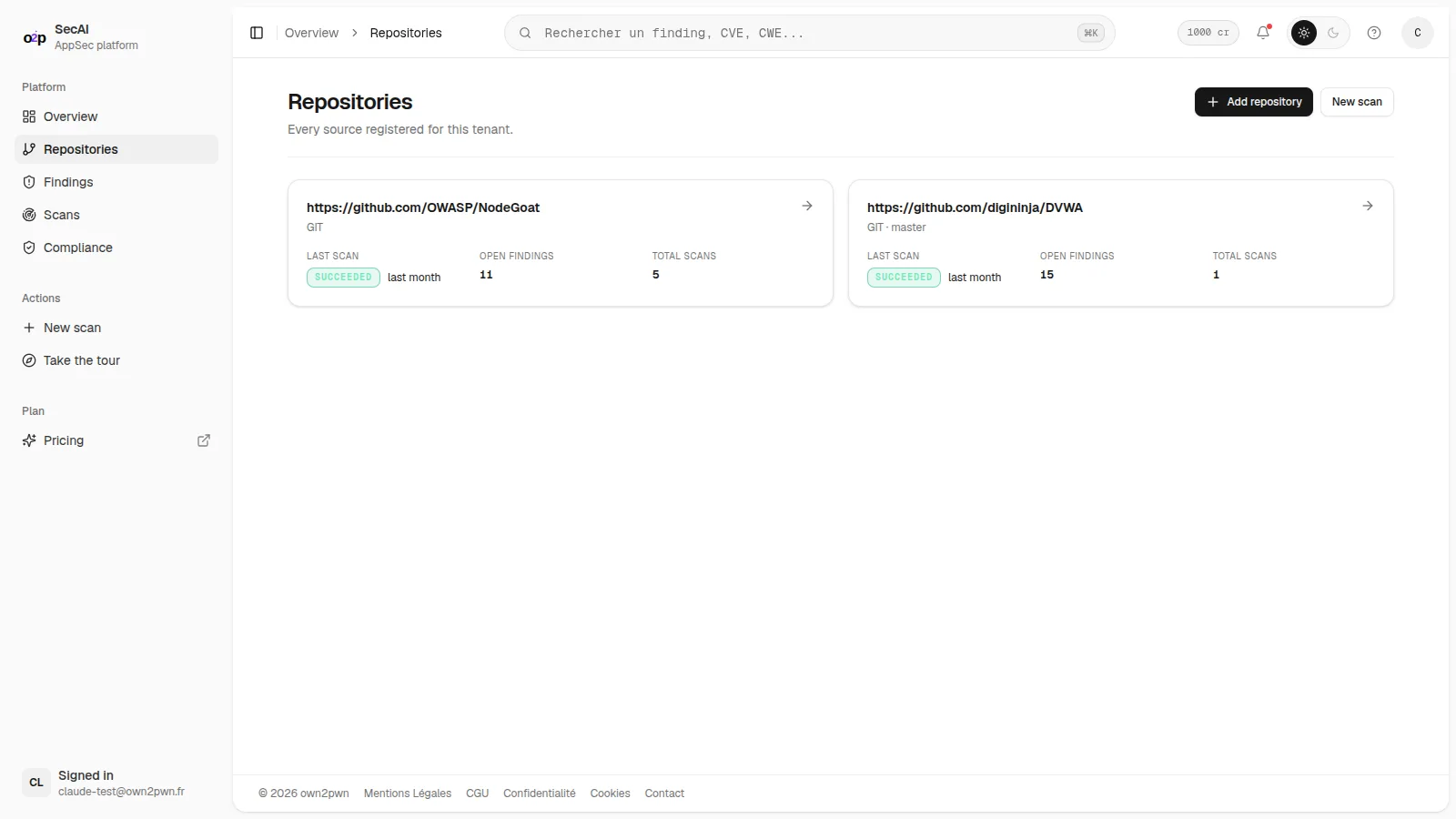 Connected repositories with the count of open findings and scans per repository