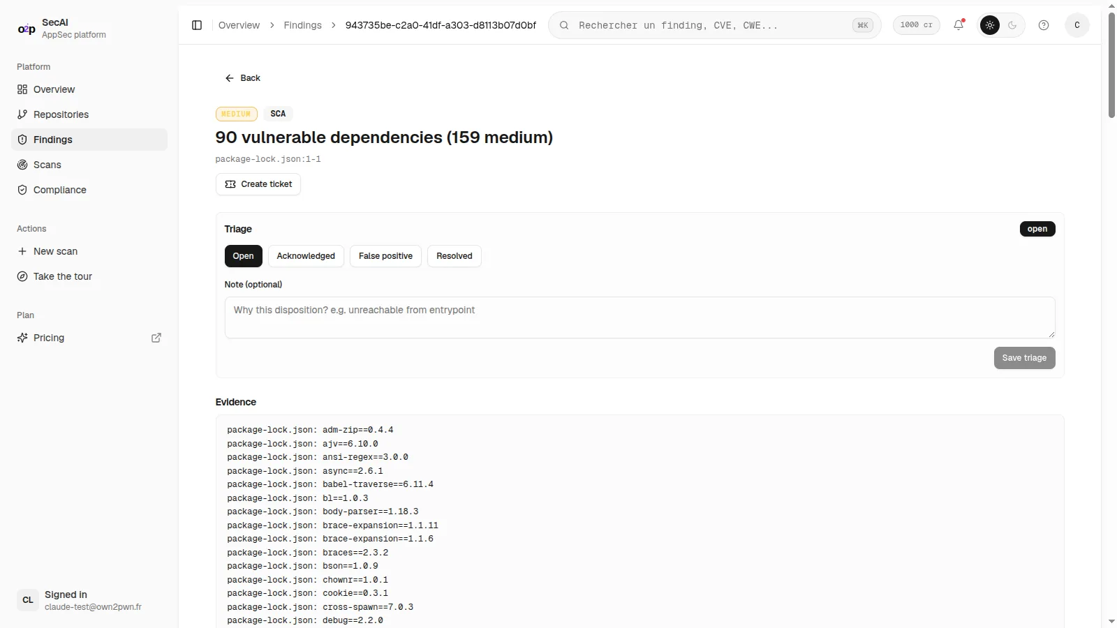 Detail of an SCA finding listing a project vulnerable dependencies, read from the lockfile