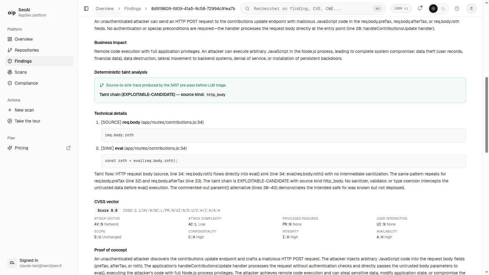 Taint analysis from source to sink (SOURCE req.body to SINK eval) with exploitable-candidate verdict and CVSS vector
